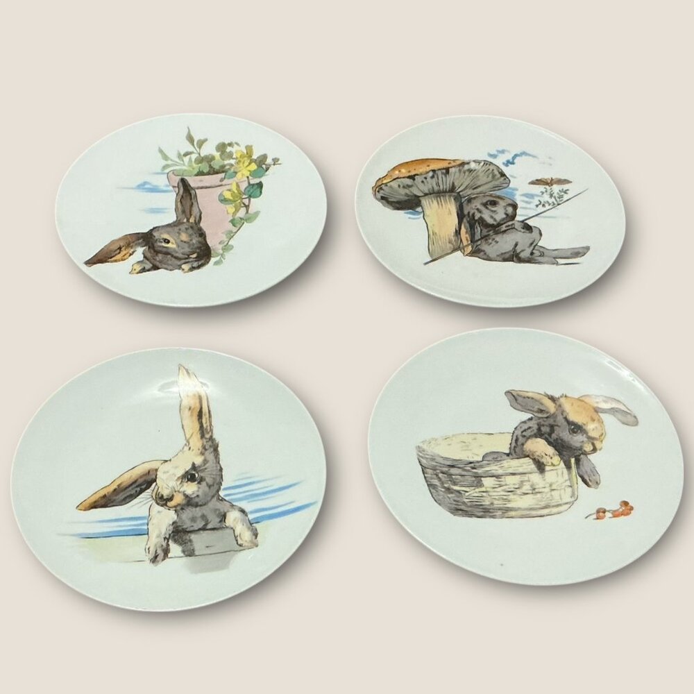 Spring Vintage Rabbit Plate Set Of 4 with Mushroom, Basket and Flower Pot